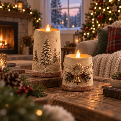 Rustic Christmas Flameless LED Candle Decor Set of 2
