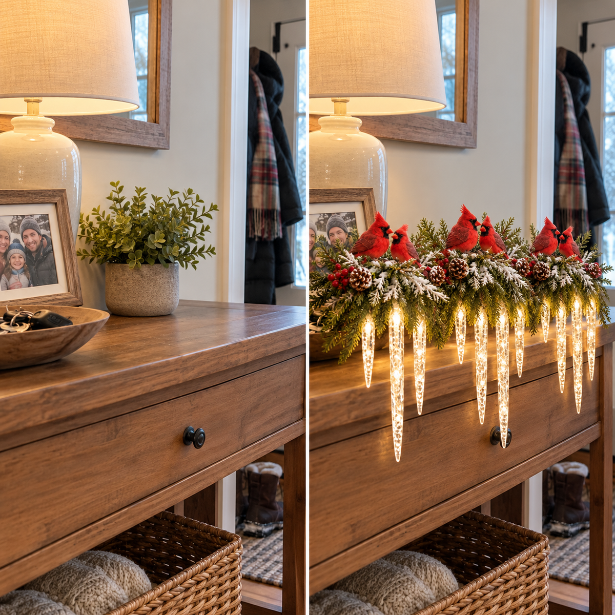 Before and after view of the same entryway console with cardinal winter accents added