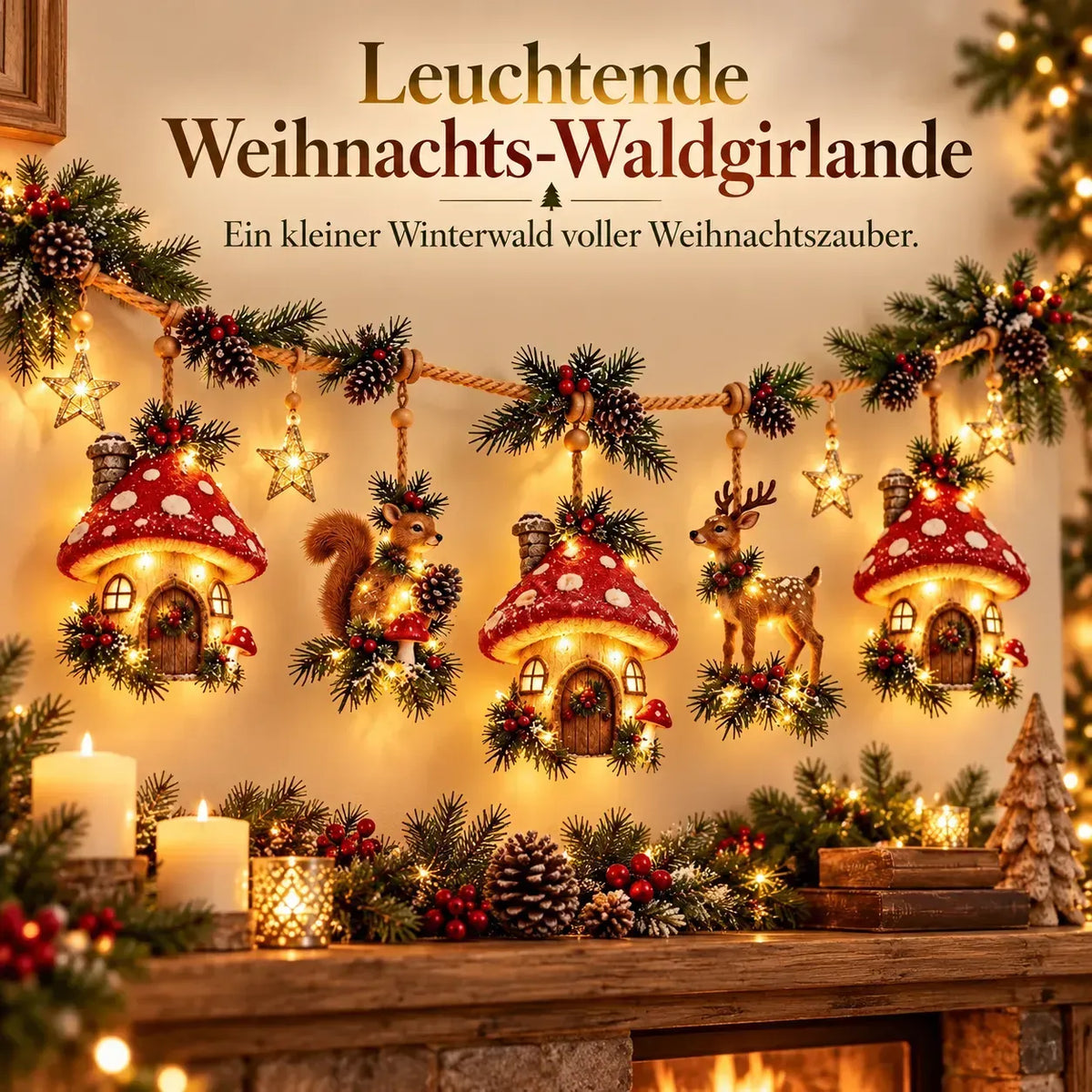 Beleuchtete weihnachtliche Waldgirlande – Festliche Dekoration im Stil eines verzauberten Waldes