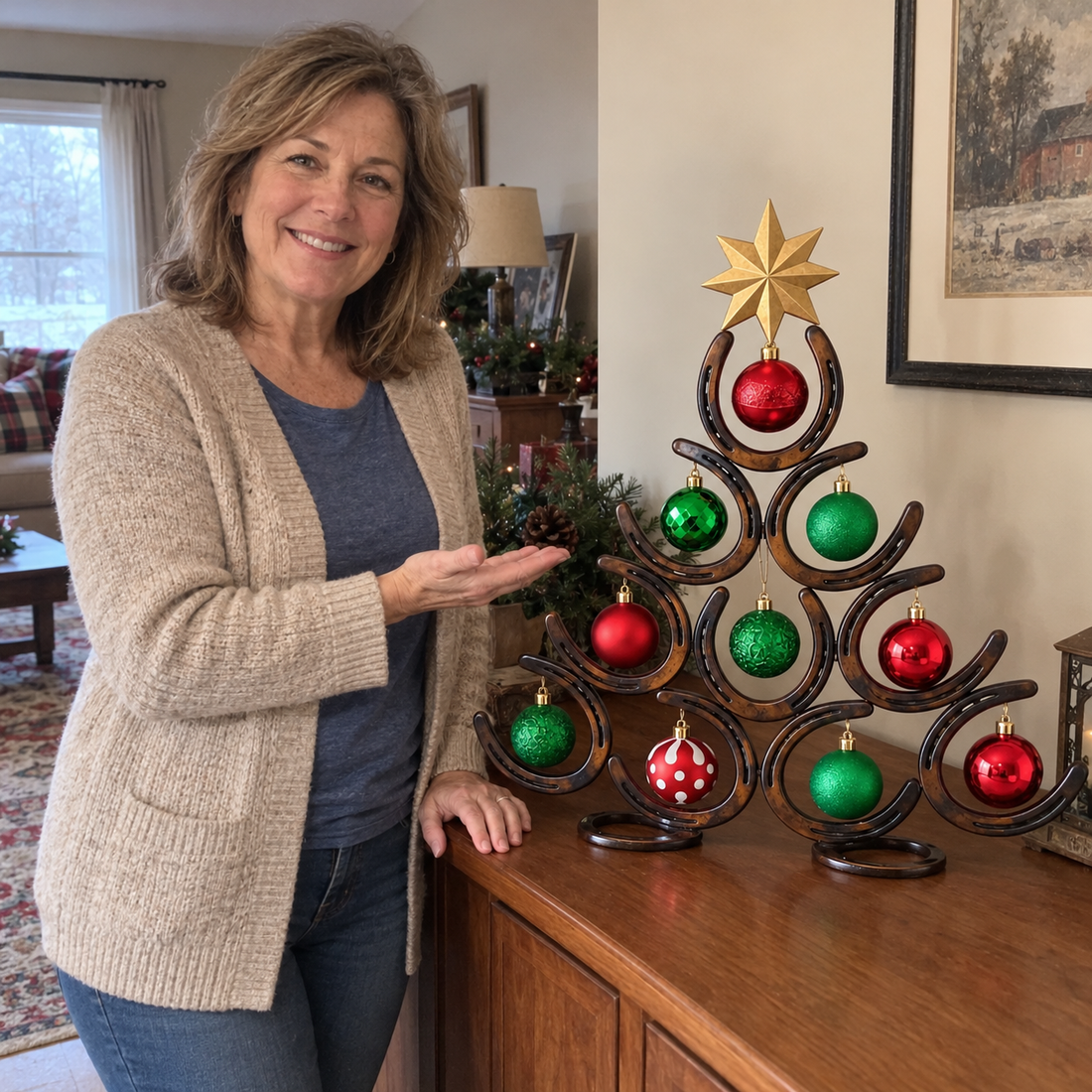 Horseshoe Christmas tree decorated with red and green baubles in a country living room