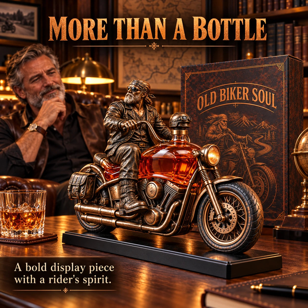 Old Biker Soul motorcycle decanter with gift box in a warm study setting