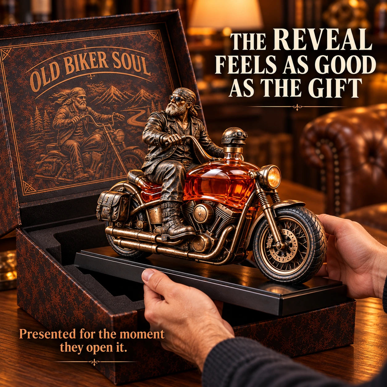 Motorcycle decanter being lifted from a presentation box