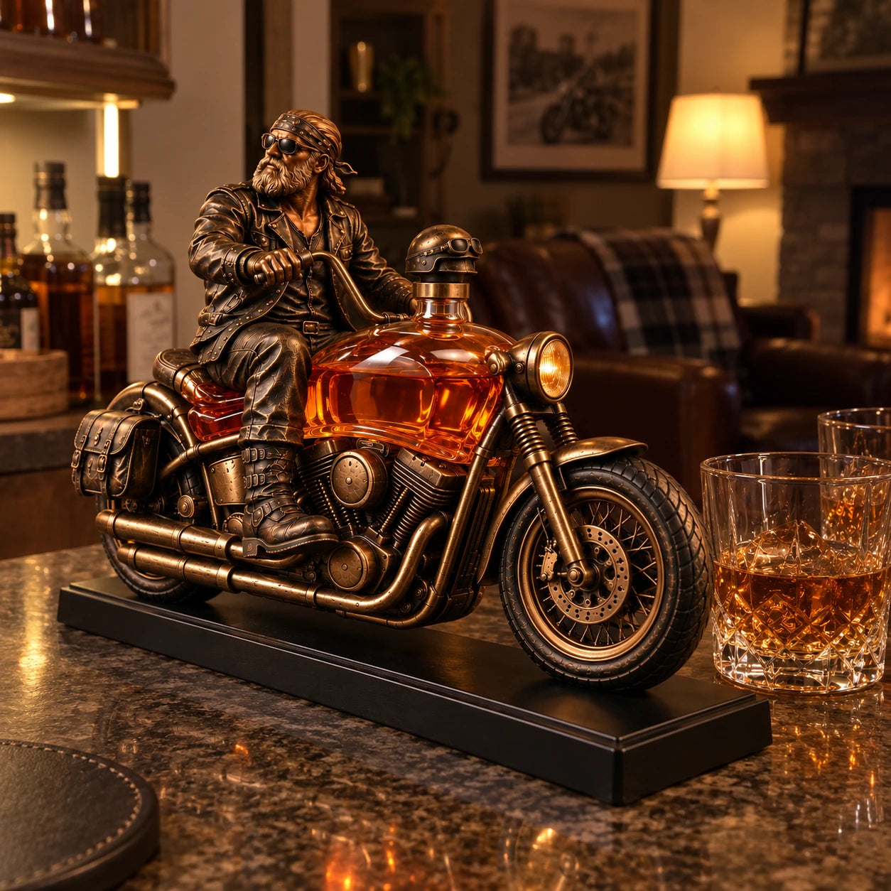 Old Biker Soul decanter displayed in a cozy home bar setting