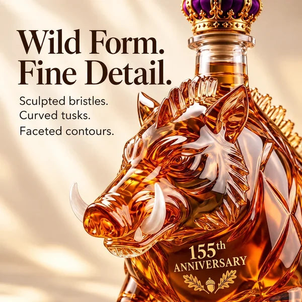Wild boar figurative bottle with angular sculpted head and ivory-colored tusks