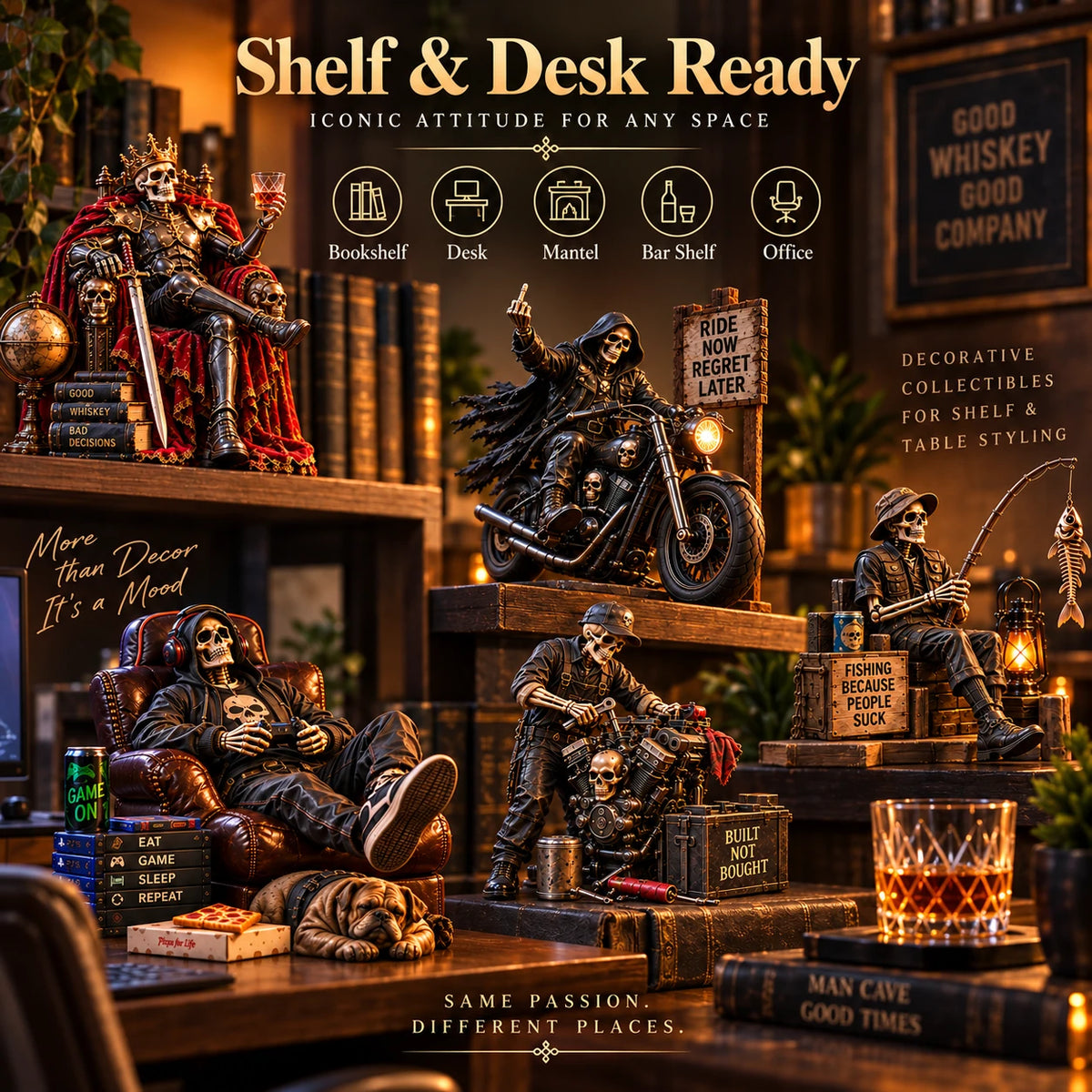 💀🔥 Bad to the Bone – 6 Dark Humor Skeleton Collectibles for Men, Man Cave Decor & Unique Gifts 🎁