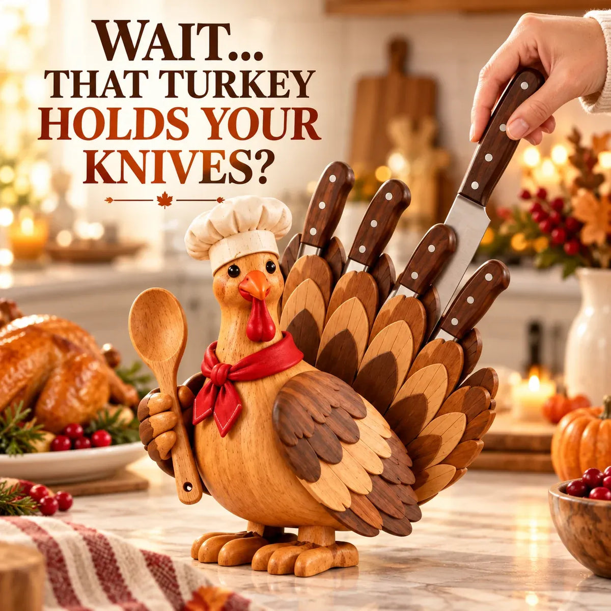 🦃 Rustic Turkey-Shaped Wooden Knife Stand | Thanksgiving Kitchen Decor