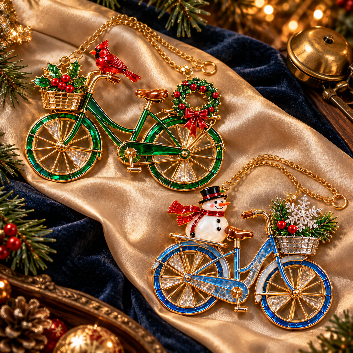 Close view of the green Cardinal and blue Snowman bicycles, showing their wheel details and gold-tone finish.