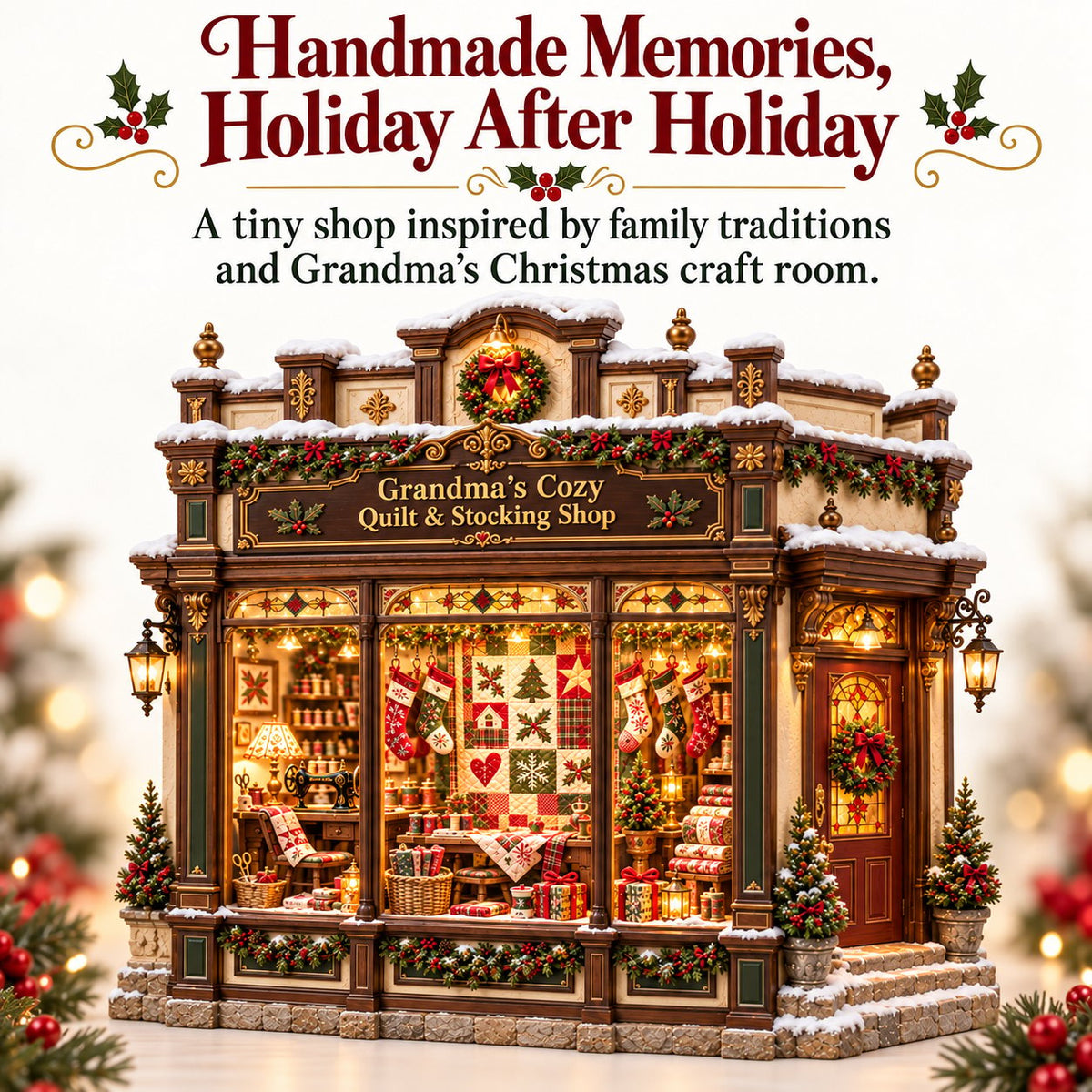 Grandma's Christmas Quilting Cottage – DIY Light-Up Miniature Dollhouse Kit, Cozy Holiday Craft & Handmade Christmas Gift
