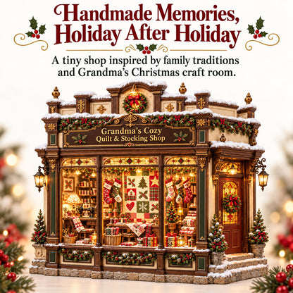 Grandma's Christmas Quilting Cottage – DIY Light-Up Miniature Dollhouse Kit, Cozy Holiday Craft & Handmade Christmas Gift