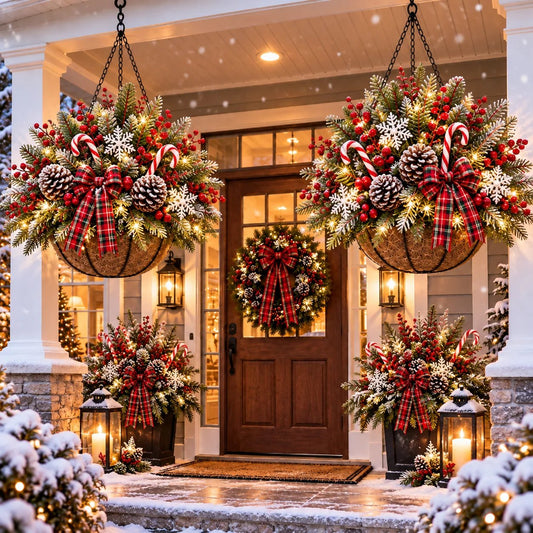 🎄✨ Christmas Glow Lighted Hanging Basket – Battery-Operated Warm LED Evergreen & Red Berry Decor, Weather-Resistant Holiday Porch & Entryway Decoration ❤️🏡