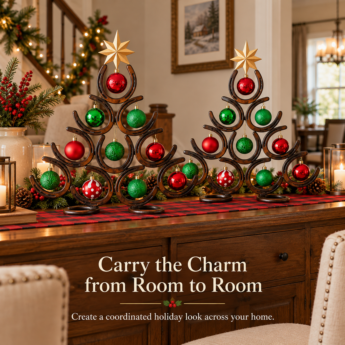 Two horseshoe holiday trees styled together on a festive sideboard