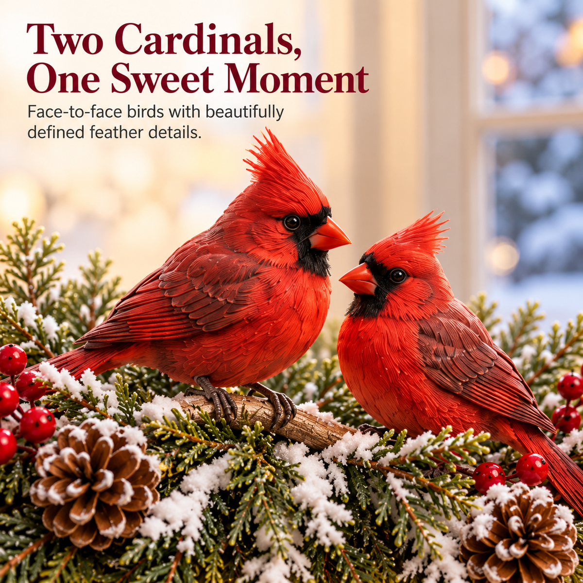 Close view of two red cardinals with feather detail among frosted greenery