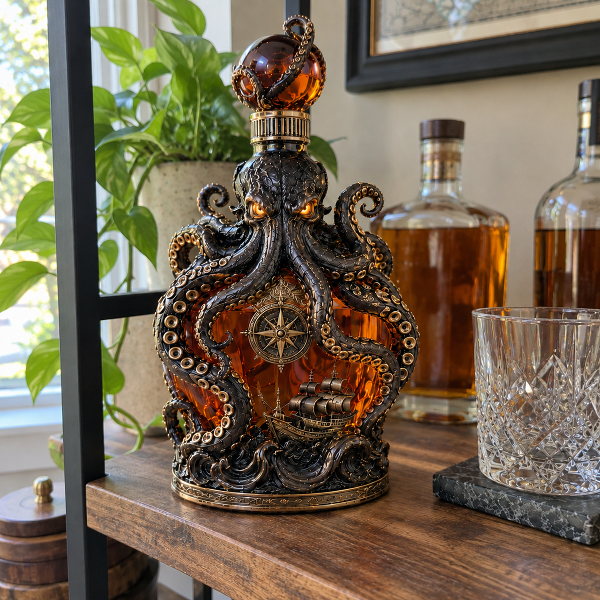 Kraken decanter displayed on a home shelf