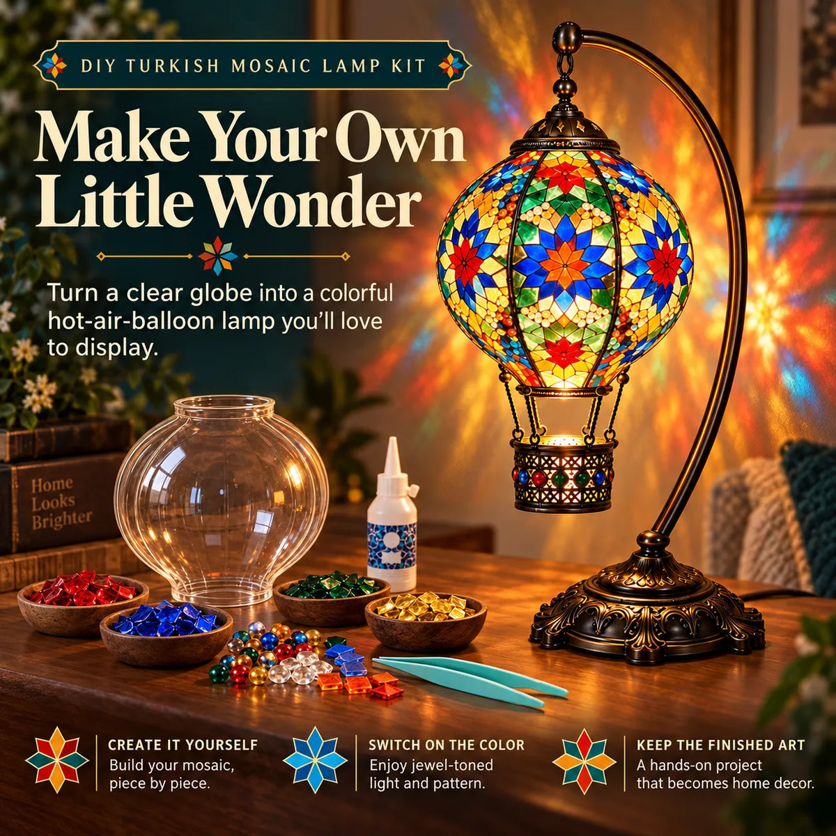 ⏳ Last Day 49% OFF – 🎨 Beginner-Friendly Turkish Mosaic Hot Air Balloon Lamp DIY Kit | Complete Kit with Mosaic Pieces, Tools & USB Light Included ✨