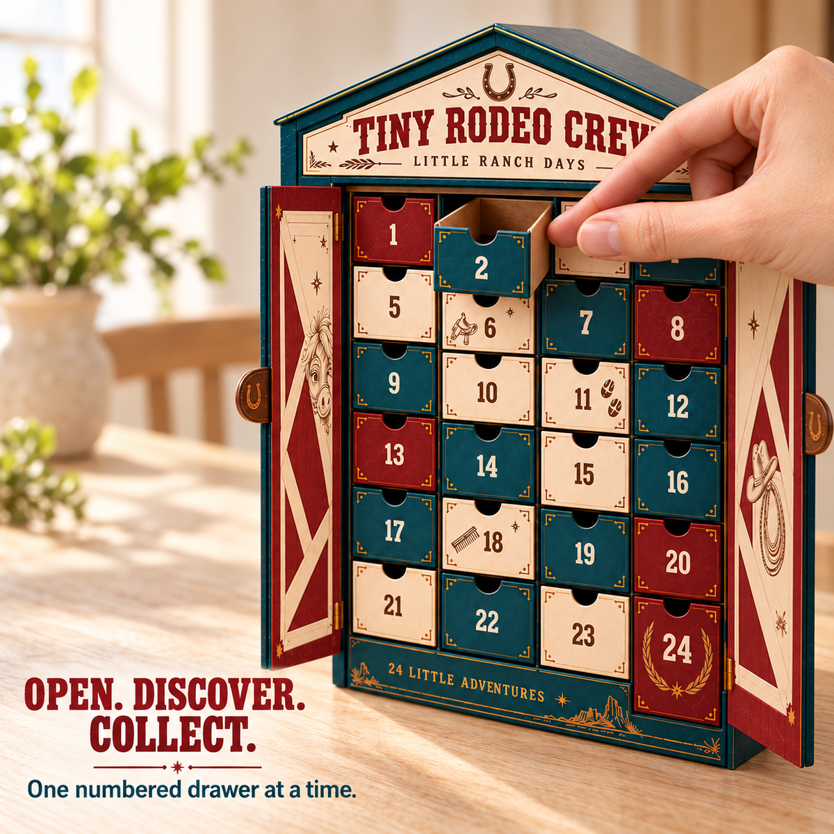 A hand opening a numbered drawer in the Tiny Rodeo Crew calendar