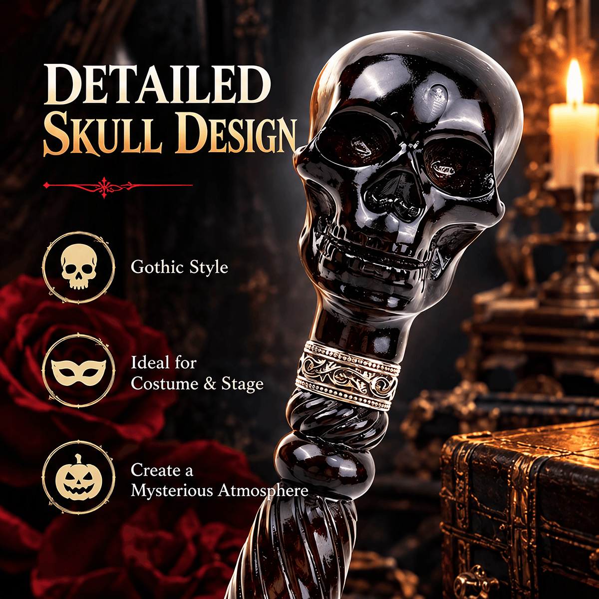 💀Black Devil Skull Wooden Walking Cane