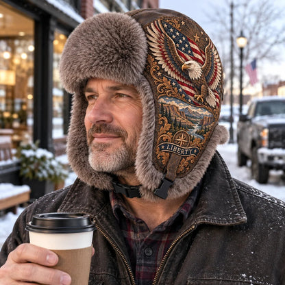 🦅 “Wings of Freedom” Genuine Leather Winter Trapper Hat with Plush Lining