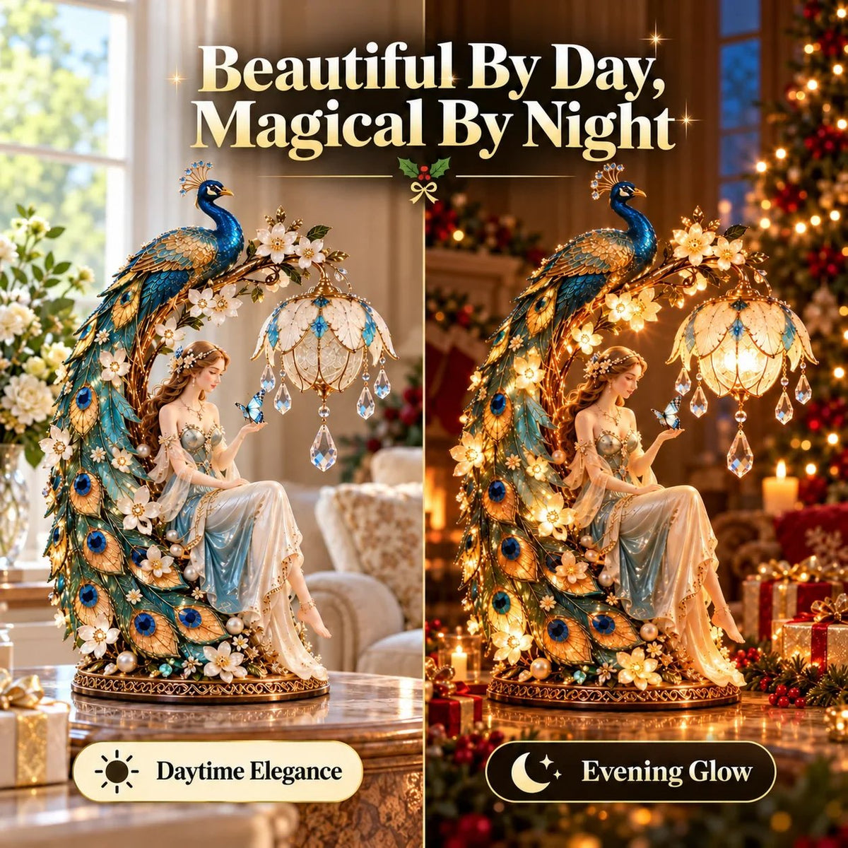 🦚✨ Moonlit Peacock Fairy™ – Bezaubernde Pfauenfee-Tischlampe mit warmem LED-Licht, kristallähnlichen Anhängern und eleganten Blumendetails | Stimmungsvolle Wohndekoration