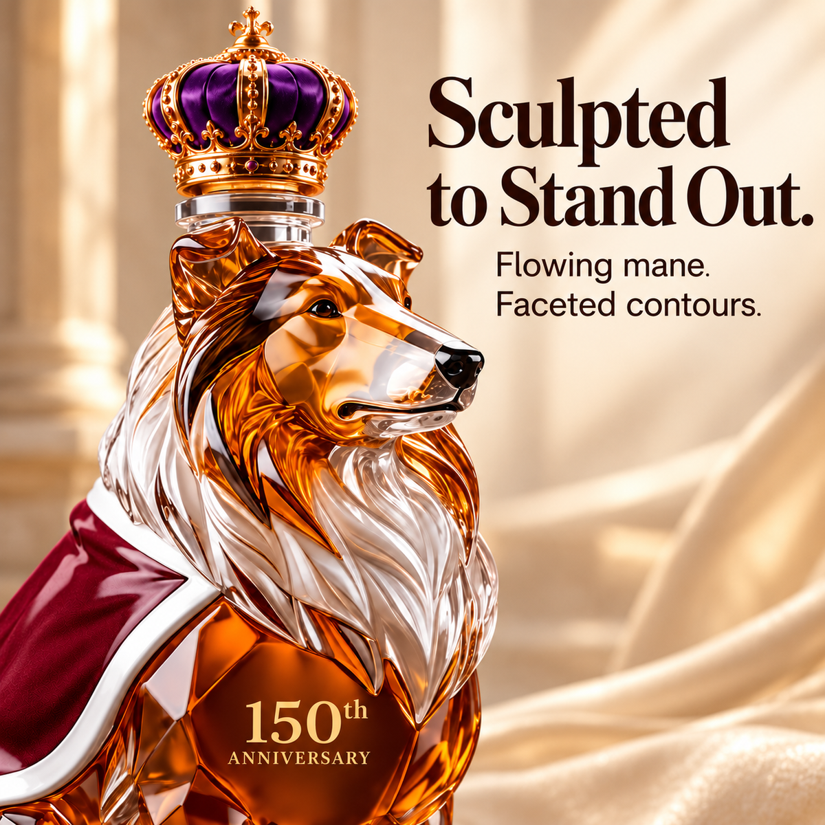 Faceted contours, warm amber tones and a jewel-colored crown give the design its striking visual contrast.