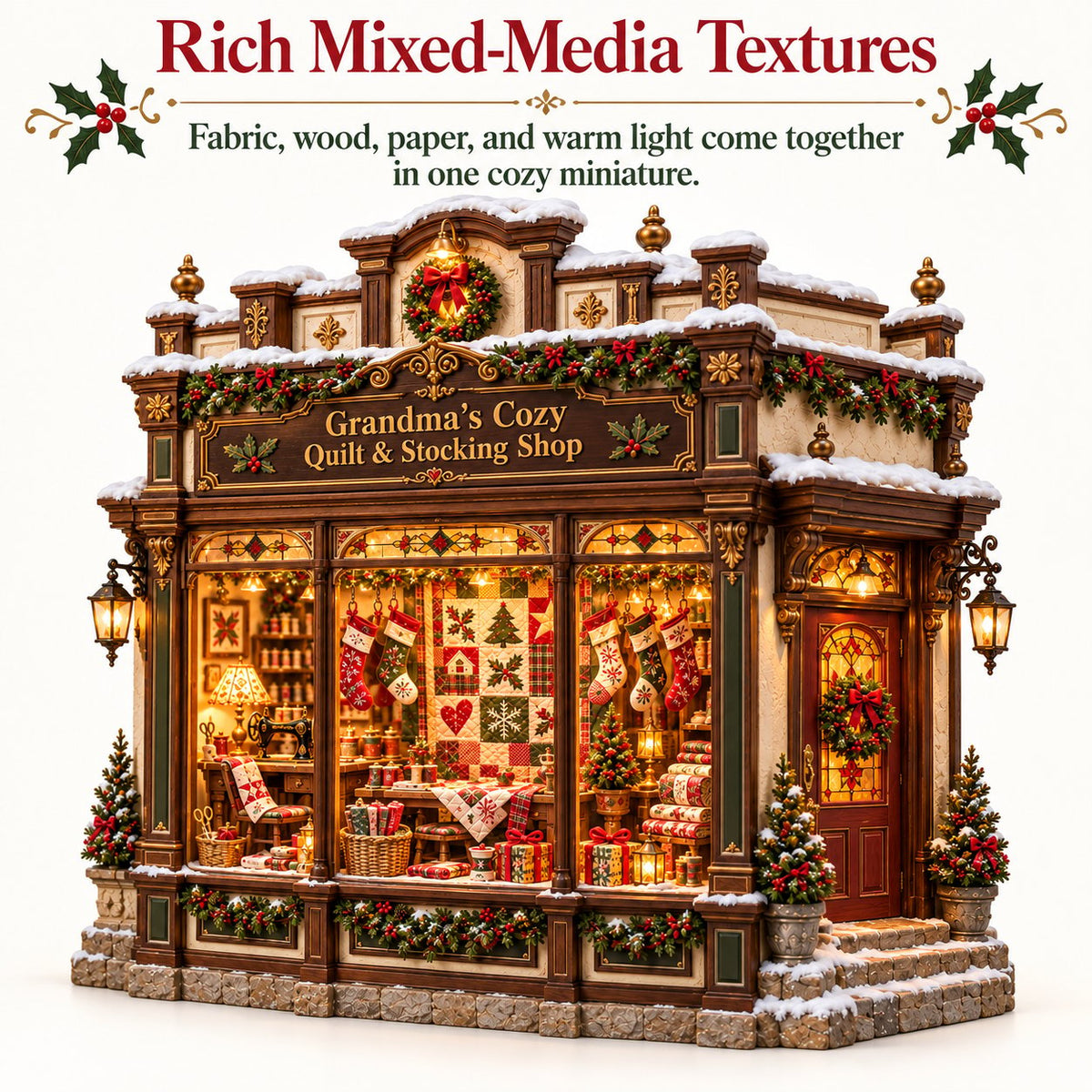 Grandma's Christmas Quilting Cottage – DIY Light-Up Miniature Dollhouse Kit, Cozy Holiday Craft & Handmade Christmas Gift