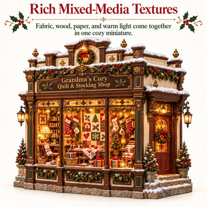 Grandma's Christmas Quilting Cottage – DIY Light-Up Miniature Dollhouse Kit, Cozy Holiday Craft & Handmade Christmas Gift