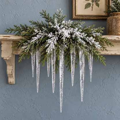 🎄 Snow-Frosted Cedar & Icicle Hanging Accent