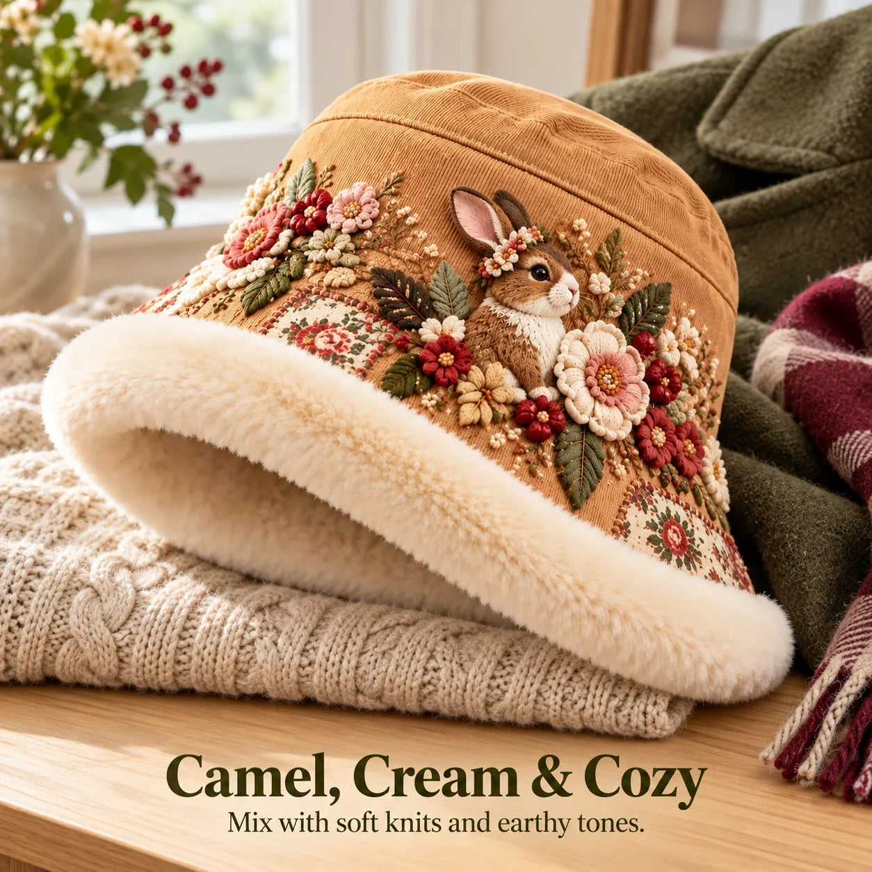 Camel, Cream & Cozy — woodland bunny plush-lined bucket hat