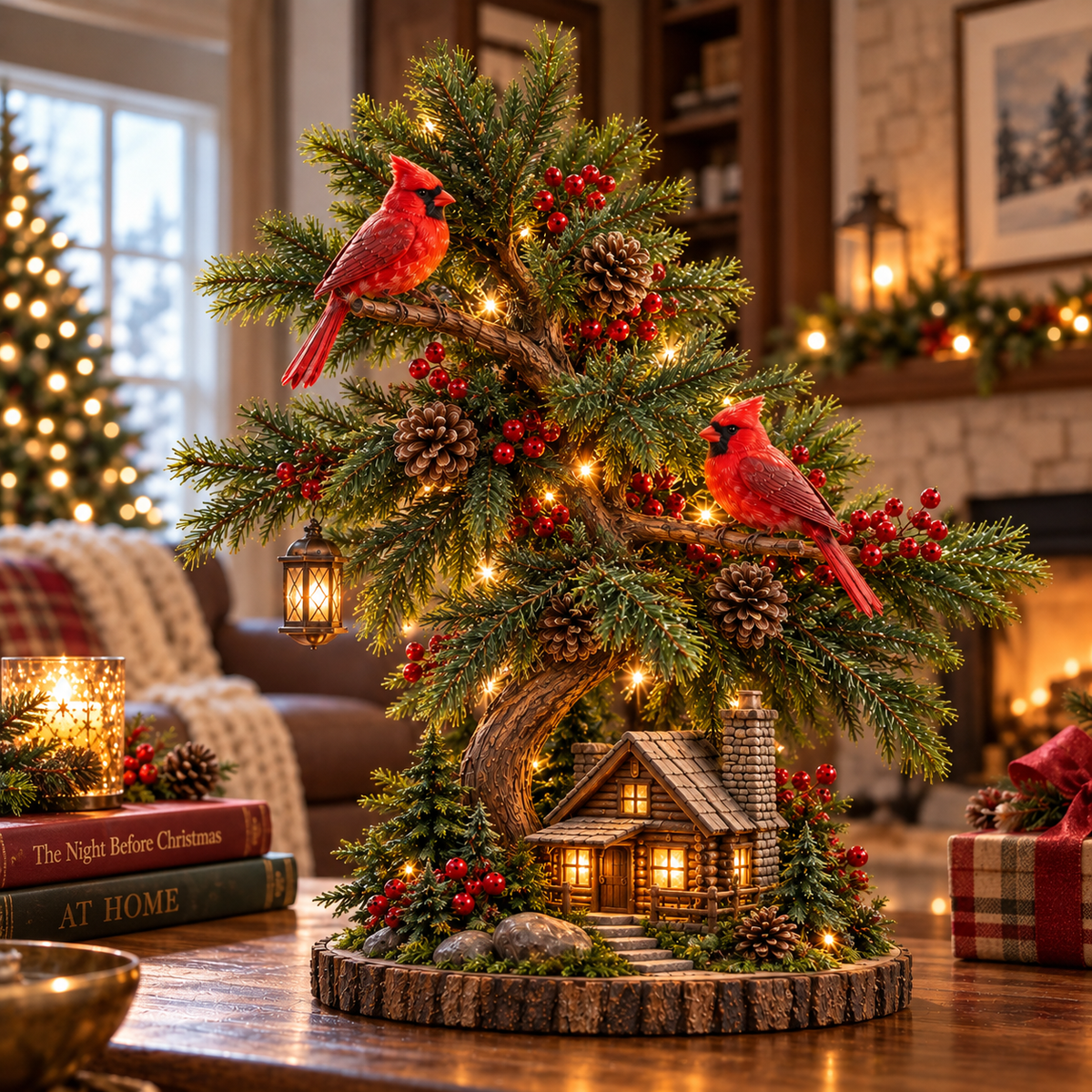 🎄❤️ Cardinal’s Christmas Homecoming™ – Lighted Tabletop Christmas Tree with Red Cardinals & Cozy Cabin