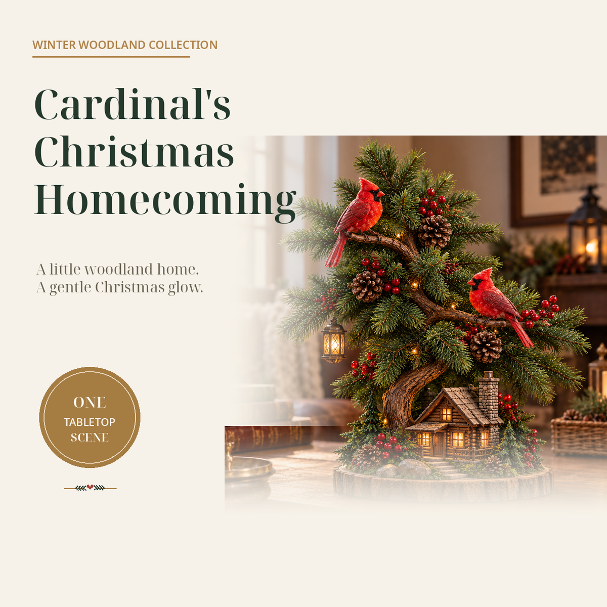 🎄❤️ Cardinal’s Christmas Homecoming™ – Lighted Tabletop Christmas Tree with Red Cardinals & Cozy Cabin