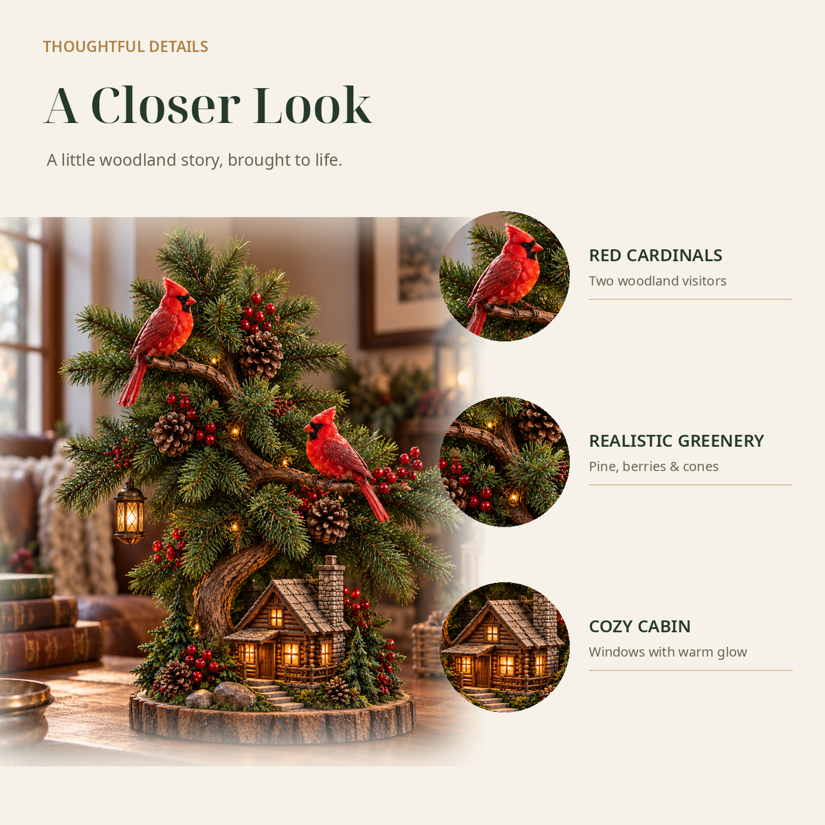 🎄❤️ Cardinal’s Christmas Homecoming™ – Lighted Tabletop Christmas Tree with Red Cardinals & Cozy Cabin