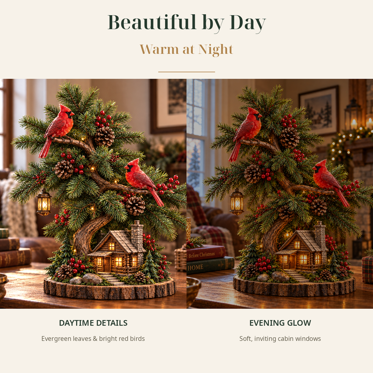 🎄❤️ Cardinal’s Christmas Homecoming™ – Lighted Tabletop Christmas Tree with Red Cardinals & Cozy Cabin