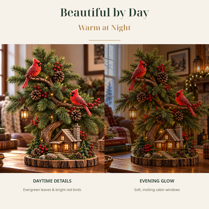 🎄❤️ Cardinal’s Christmas Homecoming™ – Lighted Tabletop Christmas Tree with Red Cardinals & Cozy Cabin