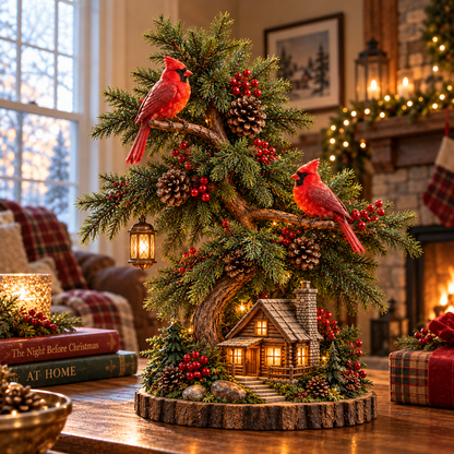 🎄❤️ Cardinal’s Christmas Homecoming™ – Lighted Tabletop Christmas Tree with Red Cardinals & Cozy Cabin