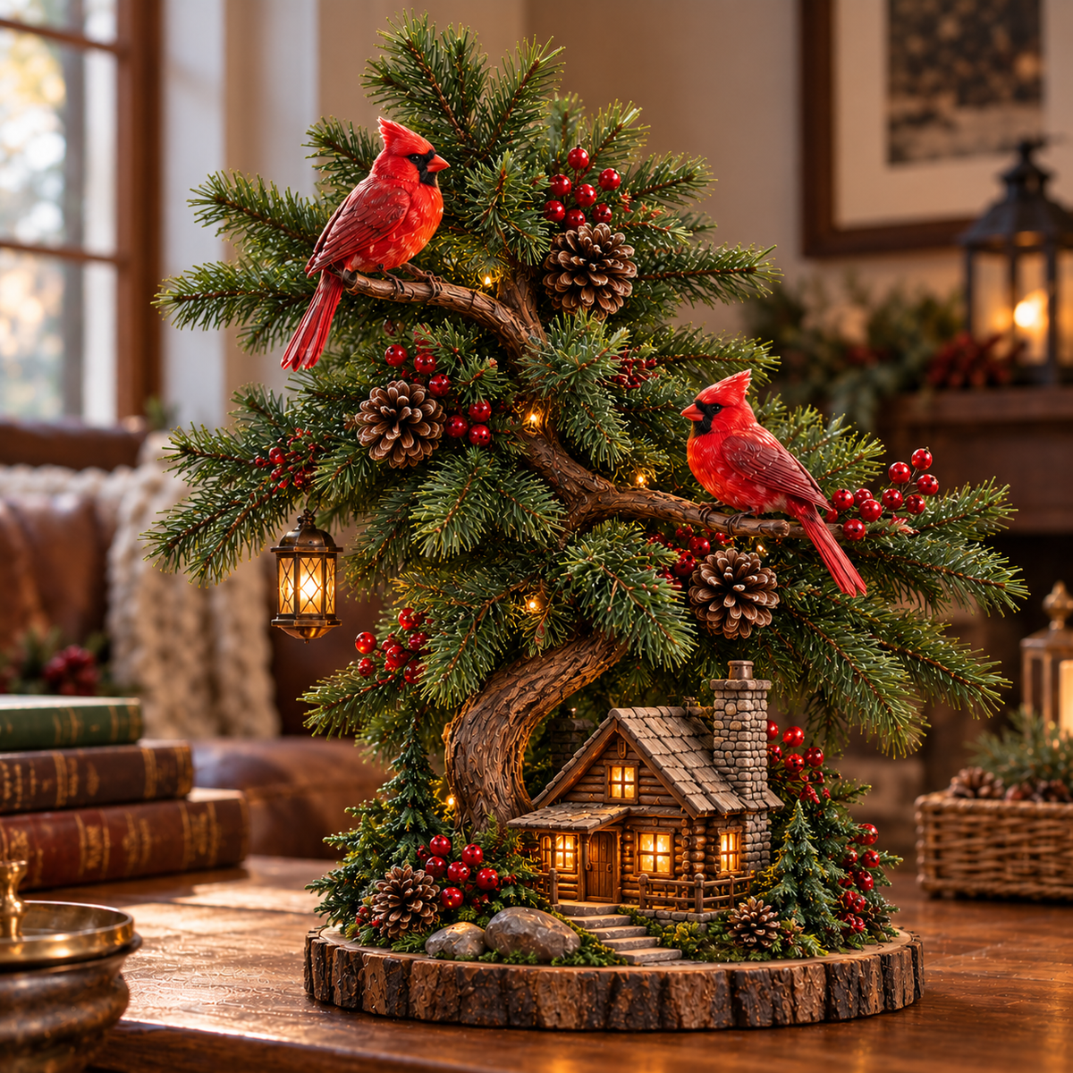 🎄❤️ Cardinal’s Christmas Homecoming™ – Lighted Tabletop Christmas Tree with Red Cardinals & Cozy Cabin