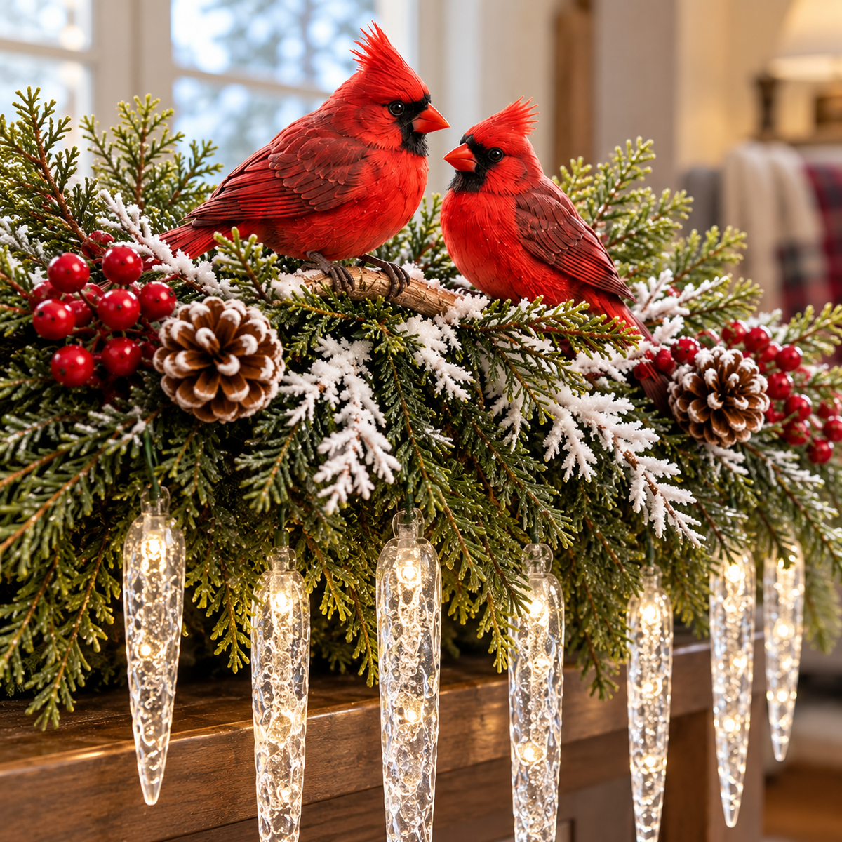 Close-up of cardinal figures, snowy greenery, berries, pinecones and clear illuminated icicle details