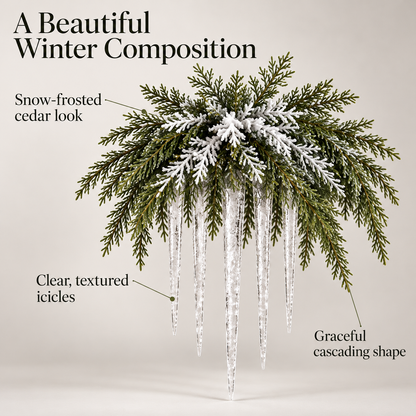 🎄 Snow-Frosted Cedar & Icicle Hanging Accent