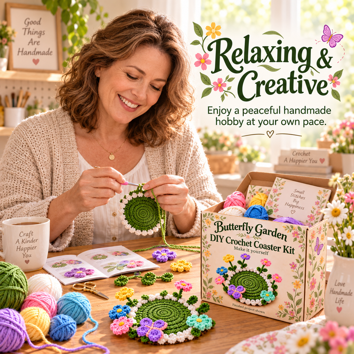 Woman crocheting a green coaster beside the craft kit