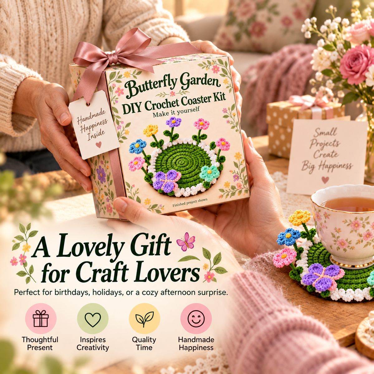 Butterfly Garden crochet kit presented as a gift
