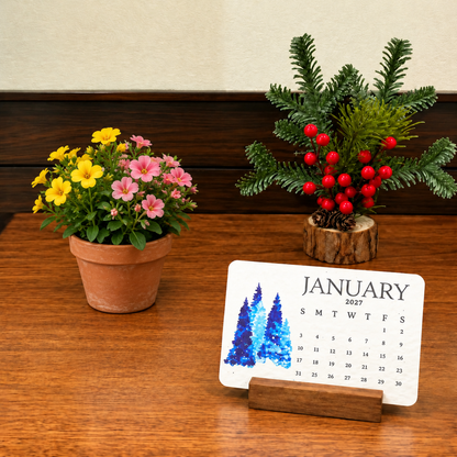 Close view of the January 2027 calendar card and its botanical illustration