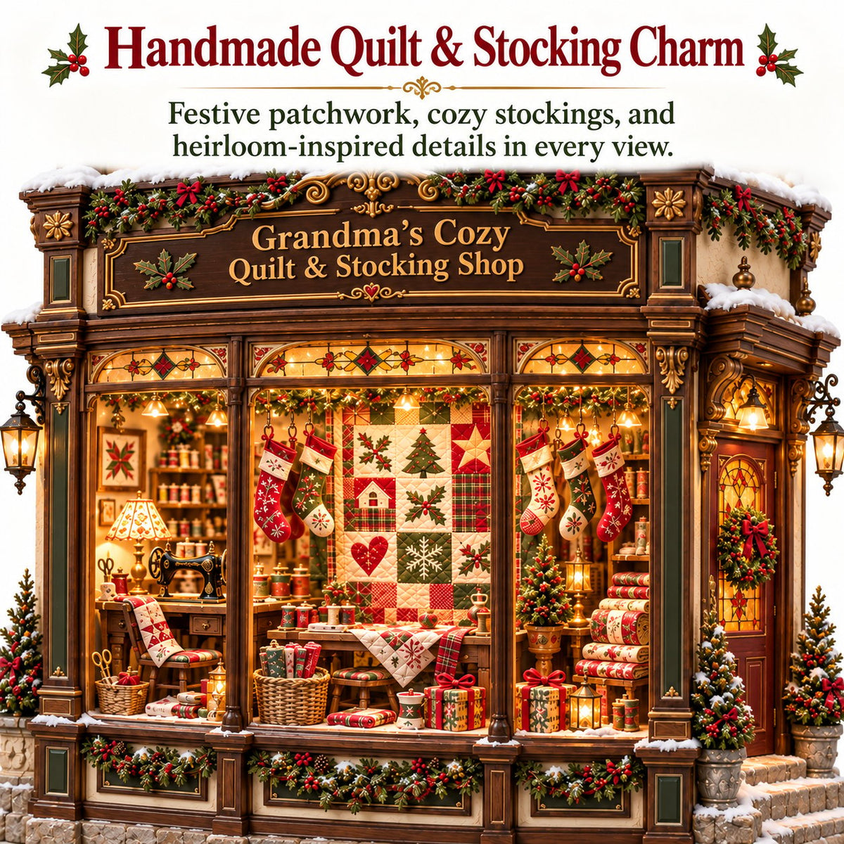 Grandma's Christmas Quilting Cottage – DIY Light-Up Miniature Dollhouse Kit, Cozy Holiday Craft & Handmade Christmas Gift