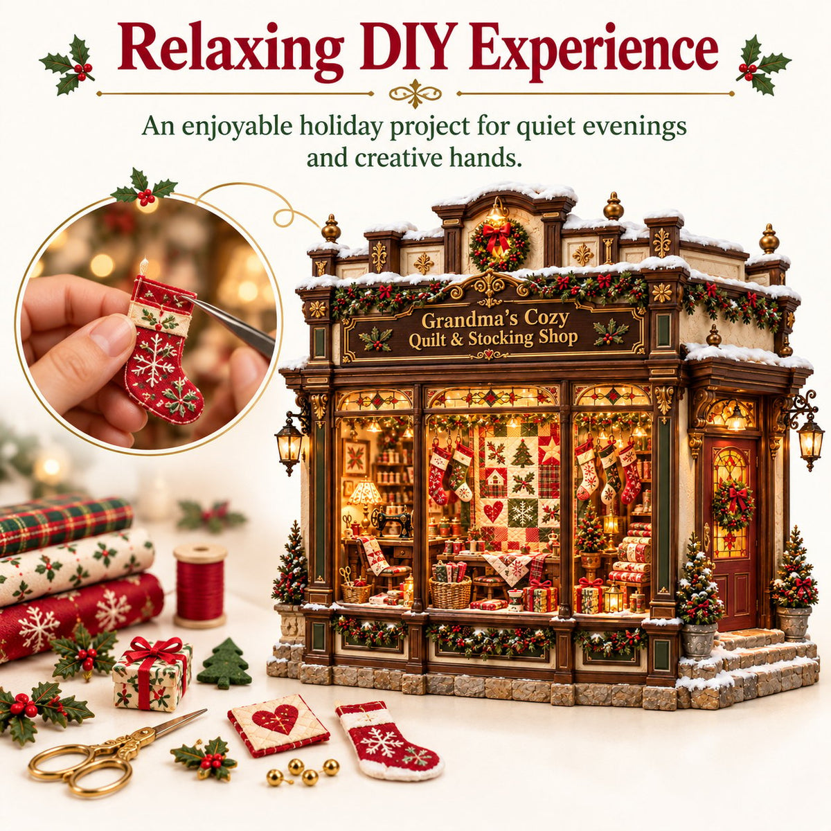 Grandma's Christmas Quilting Cottage – DIY Light-Up Miniature Dollhouse Kit, Cozy Holiday Craft & Handmade Christmas Gift