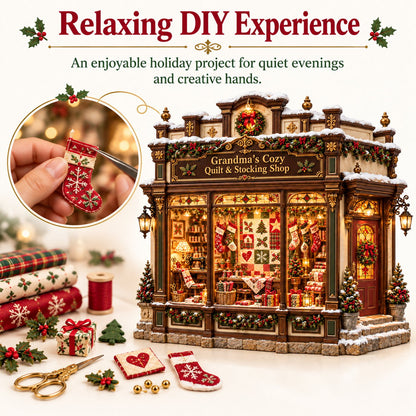 Grandma's Christmas Quilting Cottage – DIY Light-Up Miniature Dollhouse Kit, Cozy Holiday Craft & Handmade Christmas Gift