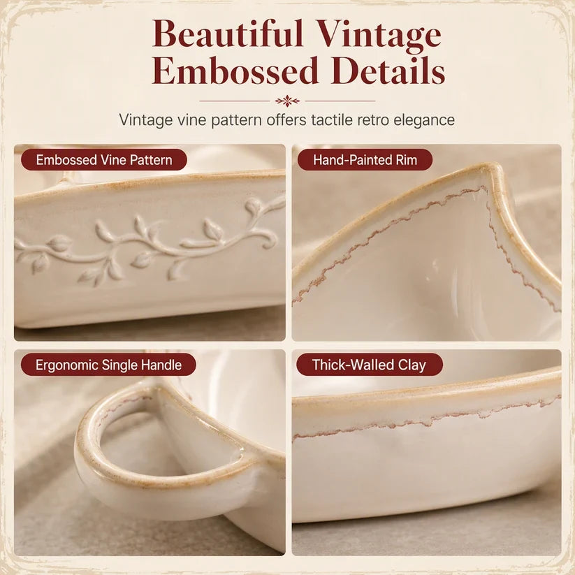 Close-up details of ceramic divided baking dish