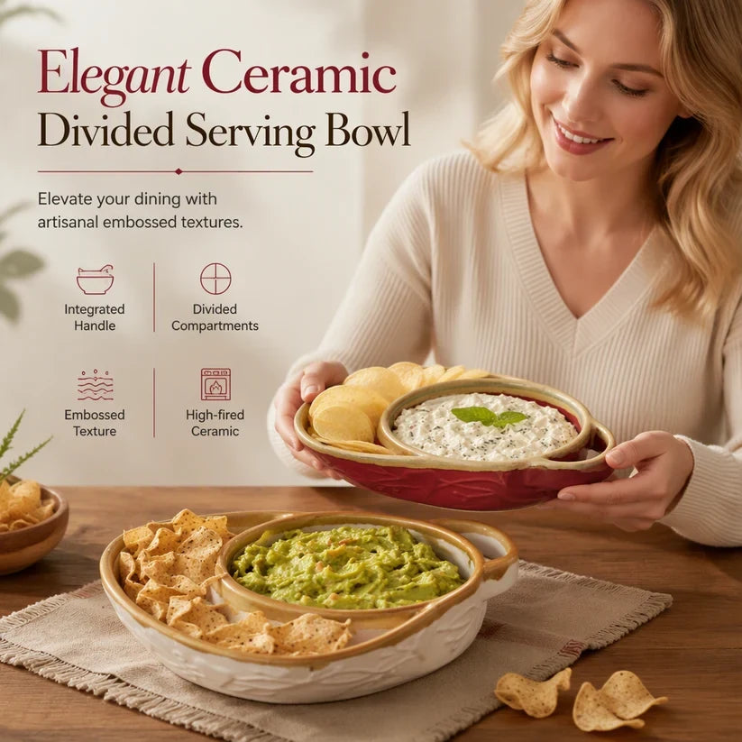 Ceramic divided serving bowl on table with chips and dip