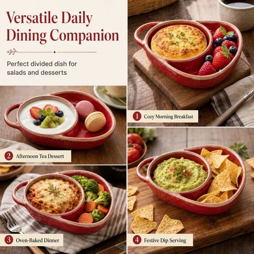 Different food uses for divided ceramic serving dish