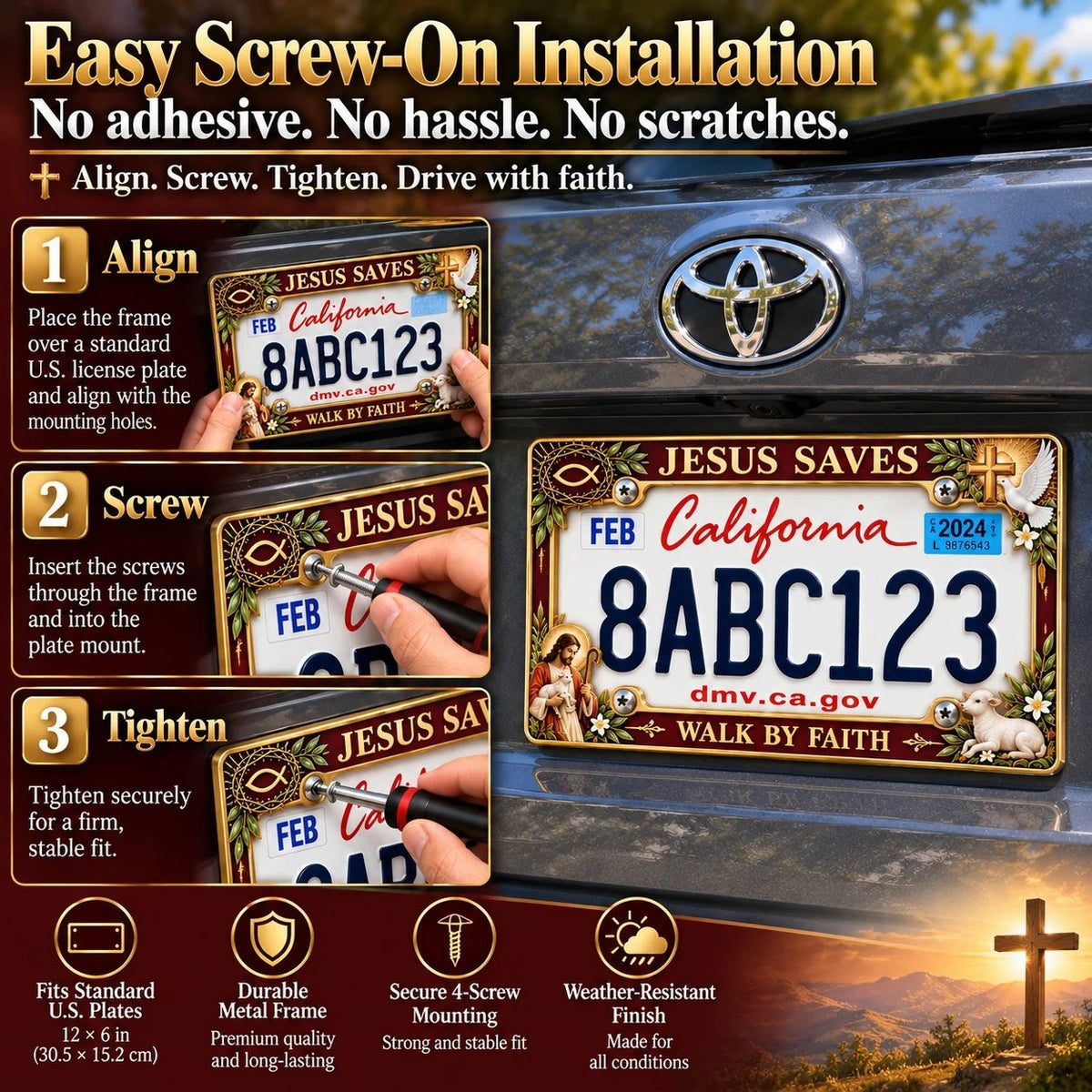🐑🕊️ “Jesus Saves – Walk by Faith” Jesus Commemorative Metal License Plate Frame