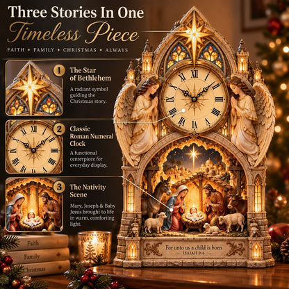 Cathedral-style Bethlehem Nativity clock – the Christmas story bathed in warm light.