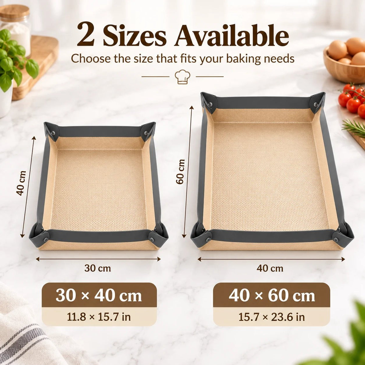 Foldable baking trays compared in 30 by 40 and 40 by 60 centimeter sizes