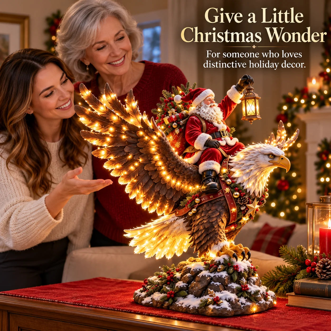 Family admiring a glowing Santa eagle Christmas figurine