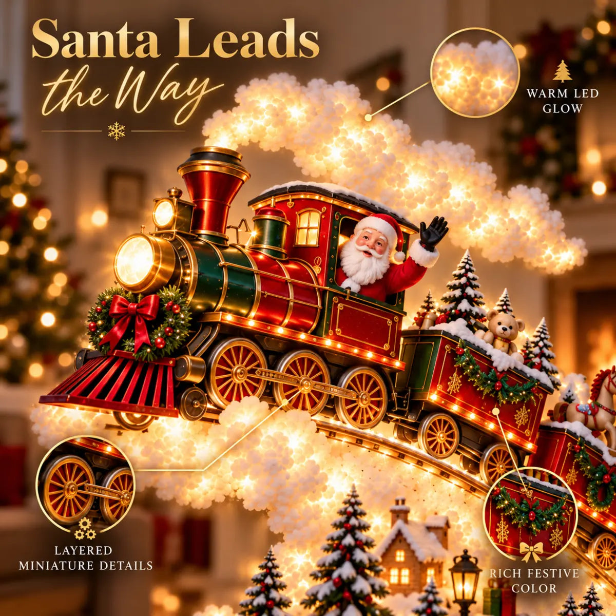 Close view of Santa's Christmas train with warm LED lights